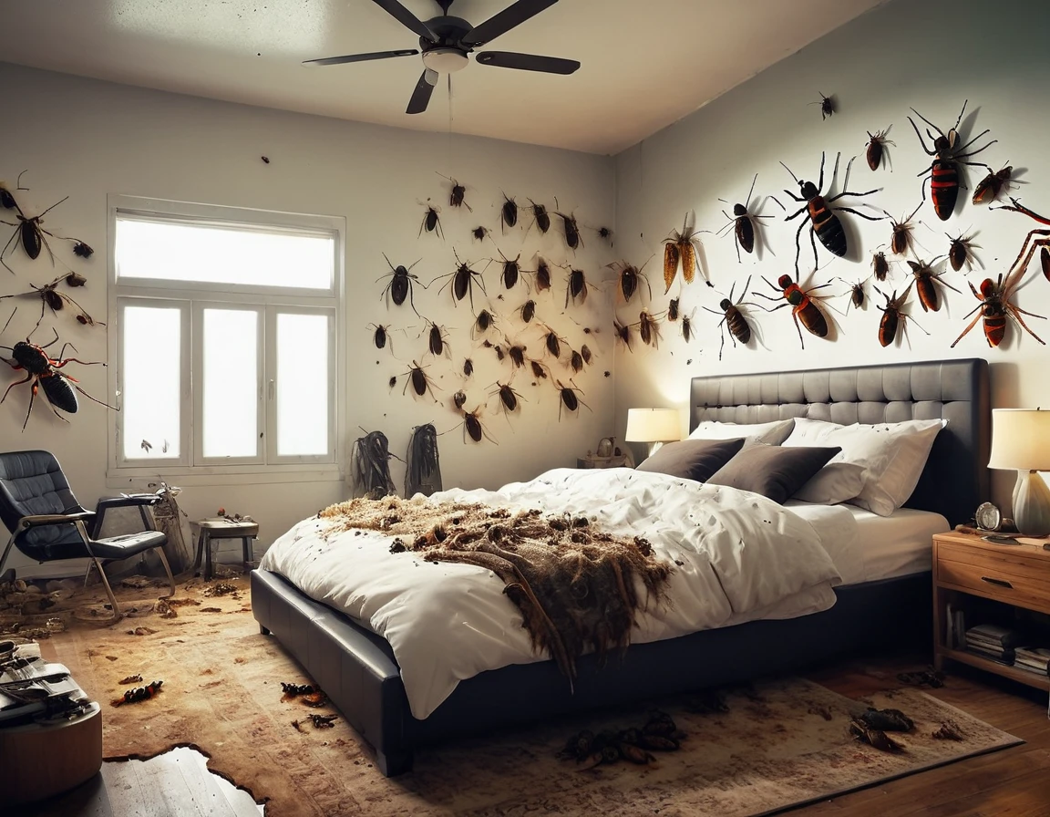 Modern bedroom, full of insects of all kinds. [Bedroom] [Insect] [Fly] [Spiders] [Disgusting] [Horror]