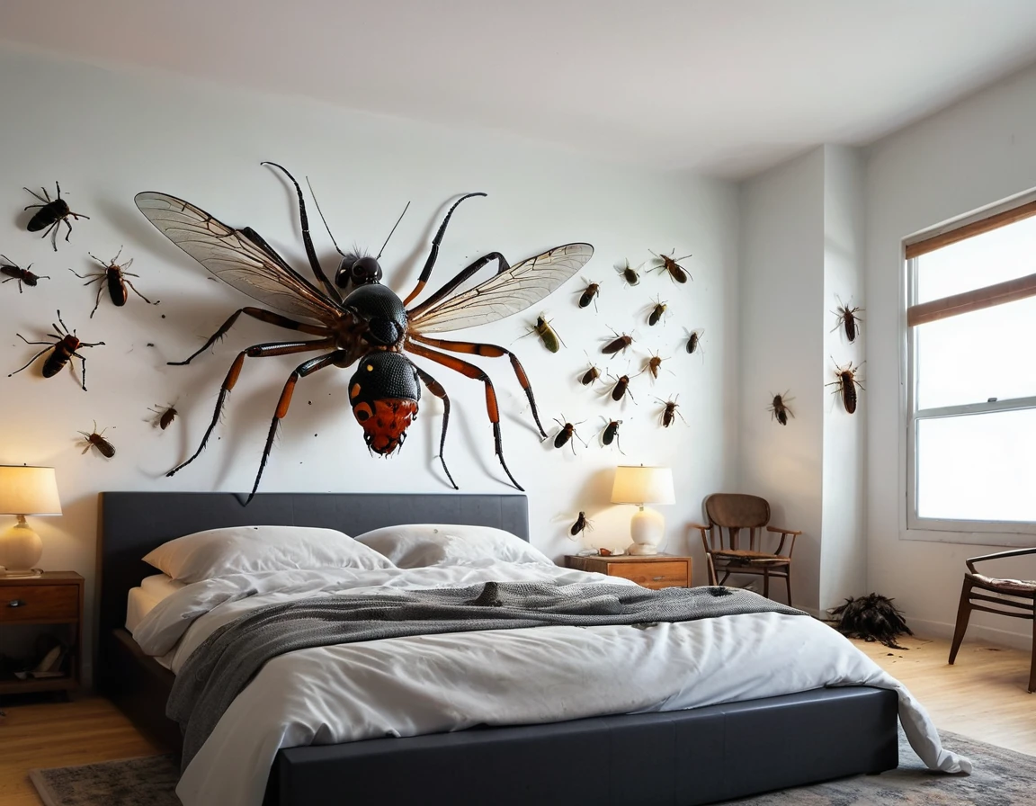 Modern bedroom, full of insects of all kinds. [Bedroom] [Insect] [Fly] [Spiders] [Disgusting] [Horror]