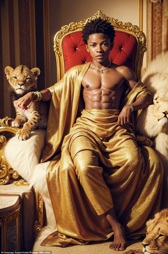 A handsome handsome shirtless man wearing gold pants sitting on a king&#39;s chair, slim white skinned in the desert palm tree behind a lake and a peacock with two leopards beside him