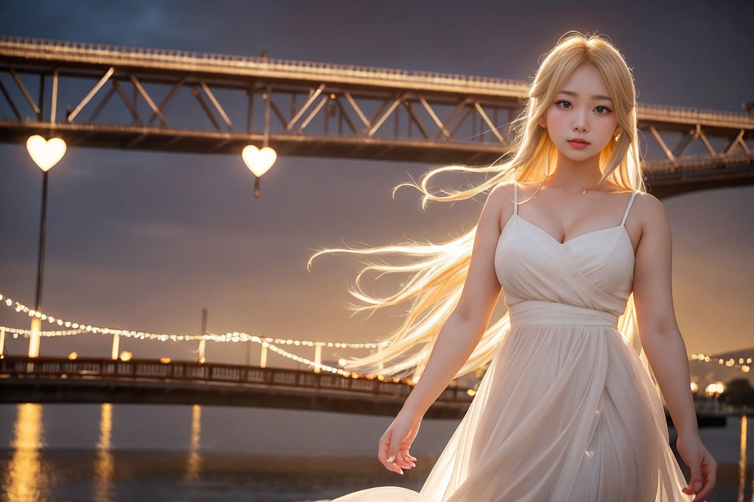 A captivating cinematic photo of a young japan woman standing gracefully on a bridge made of glowing hearts. She is elegantly dressed in a white dress, her blonde hair cascading down her shoulders. Her eyes are filled with hope and determination as she gazes into the distance, where the bridge seemingly stretches to infinity. The heart-shaped bridge is illuminated in warm, golden hues, casting a soft glow on her face and the surrounding landscape. The scene captures the essence of trust in love, with a sense of optimism and romance