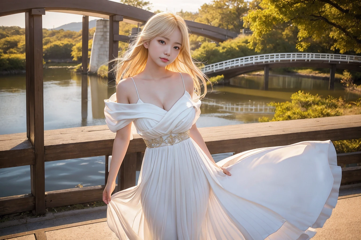 A captivating cinematic photo of a young japan woman standing gracefully on a bridge made of glowing hearts. She is elegantly dressed in a white dress, her blonde hair cascading down her shoulders. Her eyes are filled with hope and determination as she gazes into the distance, where the bridge seemingly stretches to infinity. The heart-shaped bridge is illuminated in warm, golden hues, casting a soft glow on her face and the surrounding landscape. The scene captures the essence of trust in love, with a sense of optimism and romance