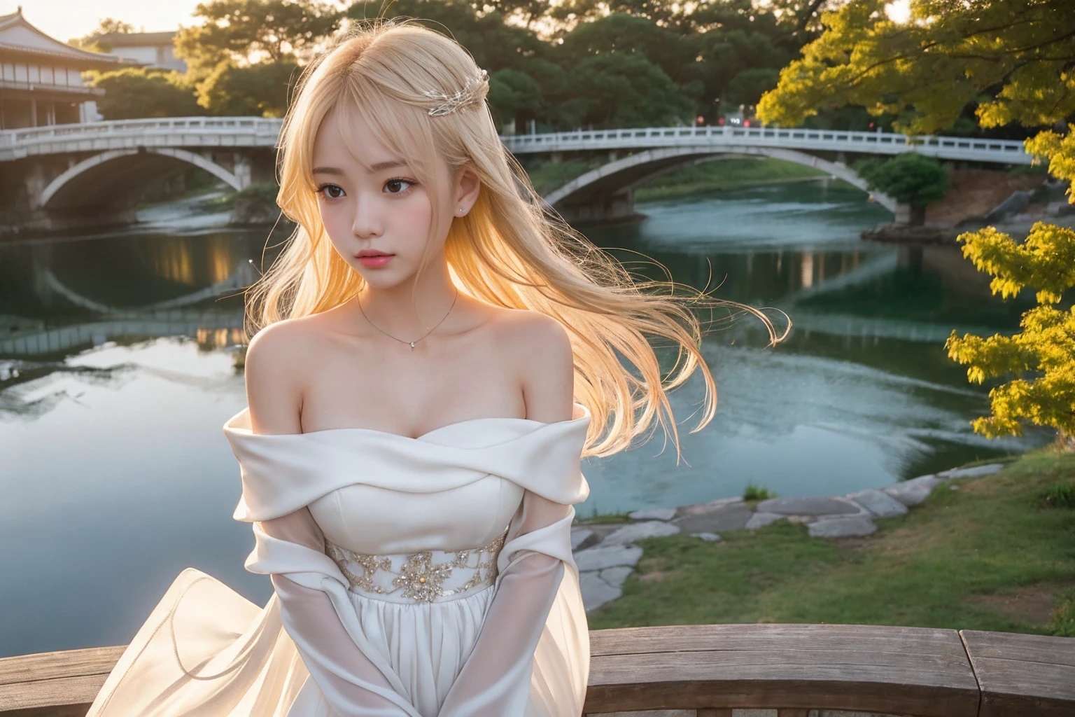 A captivating cinematic photo of a young japan woman standing gracefully on a bridge made of glowing hearts. She is elegantly dressed in a white dress, her blonde hair cascading down her shoulders. Her eyes are filled with hope and determination as she gazes into the distance, where the bridge seemingly stretches to infinity. The heart-shaped bridge is illuminated in warm, golden hues, casting a soft glow on her face and the surrounding landscape. The scene captures the essence of trust in love, with a sense of optimism and romance