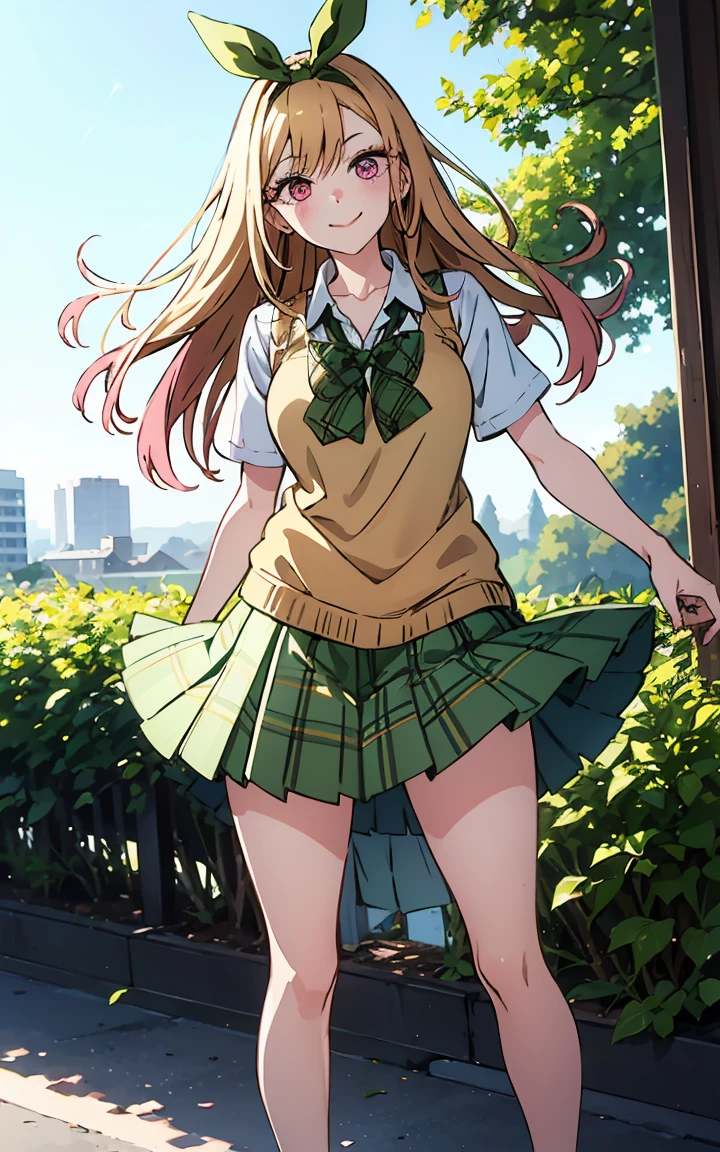 Full body, full shot, dynamic pose,(1girl, solo) Marin kitagawa, long hair, marin ressed up as Yotsuba Nakano, long blonde hair with pink ends, sparkling pink eyes, sweet face, cheery, playful happy face, lovely, 4k, perfect quality, excellent fusion, excellent character design, green ribbon, sleeveless yellow sweater, collared white short sleeved shirt, green bow tie, green pleated skirt, bright colors, pastel coloured image, vivid colours, light colours, simple background, magic hill background, splendid nature, natural light, daylight, full body, full shot, dinamic pose, extremely detailed, clean lineart, neat, smile