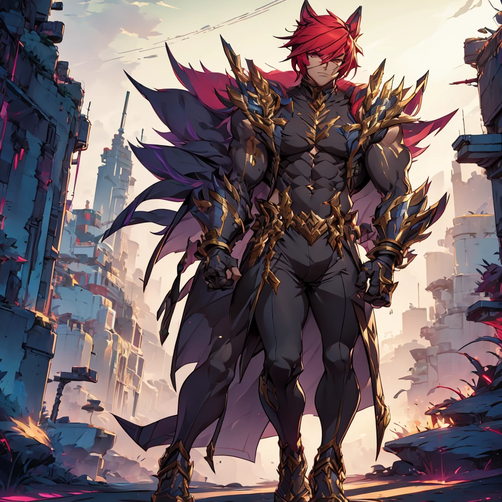 male character. he has an armor-like outfit. cyberpunk style. character looks like Sett from League of Legends