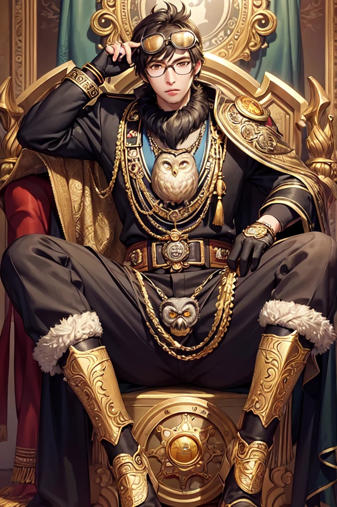 masterpiece, best quality, photorealistic ,fashionmonkey, gorilla, eyewear on head, gears, gem, goggles , gold, jewelry, magic circle,male_focus, owl, pants, shoes, sunglasses, tassel, throne,