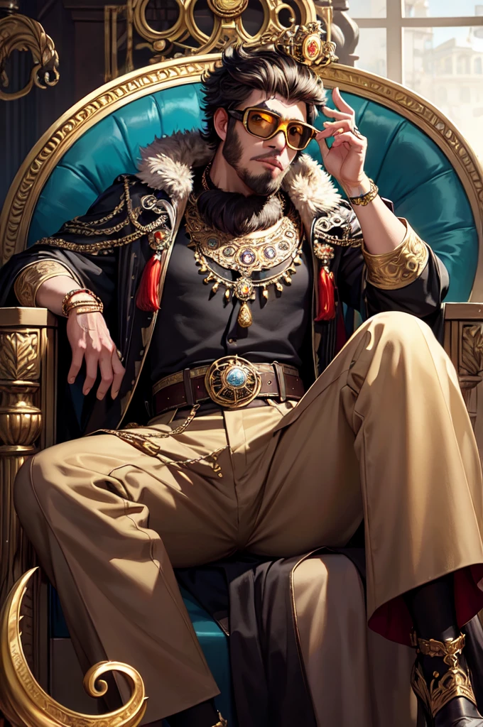 masterpiece, best quality, photorealistic ,fashionmonkey, gorilla, eyewear on head, gears, gem, goggles , gold, jewelry, magic circle,male_focus, owl, pants, shoes, sunglasses, tassel, throne,
 