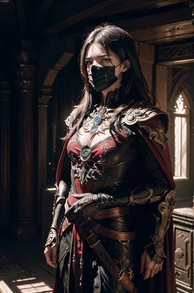 (ultra-detailed CG unity 8k wallpaper, masterpiece, best quality, depth of field, HDR, intricate), tall sinister dark killer wearing a metal mask with bright red eyes of dark and light armor with a discreet red cape behind with sharp daggers in his arms walking in a burning village, (intricate: 1.4) (masterpiece: 1.4) (illustration: 1.4), red studio lighting, post-processing, 8k resolution, dark background, imposing, meticulously composed photos, impressive, dark fantasy (by Greg Rutkowski: 1.2), (by daarken: 1.5)