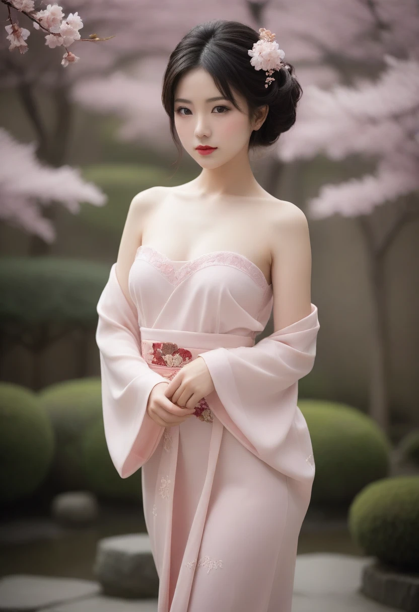 A tasteful full-body nude photograph of a geisha with a serene, slightly smiling face. Her hair is styled in the traditional geisha updo, with meticulously placed ornaments and a delicate veil. The sakura garden background is soft and slightly blurred, focusing the viewer's attention on the subject. The overall atmosphere of the image is calm, elegant, and respectful.