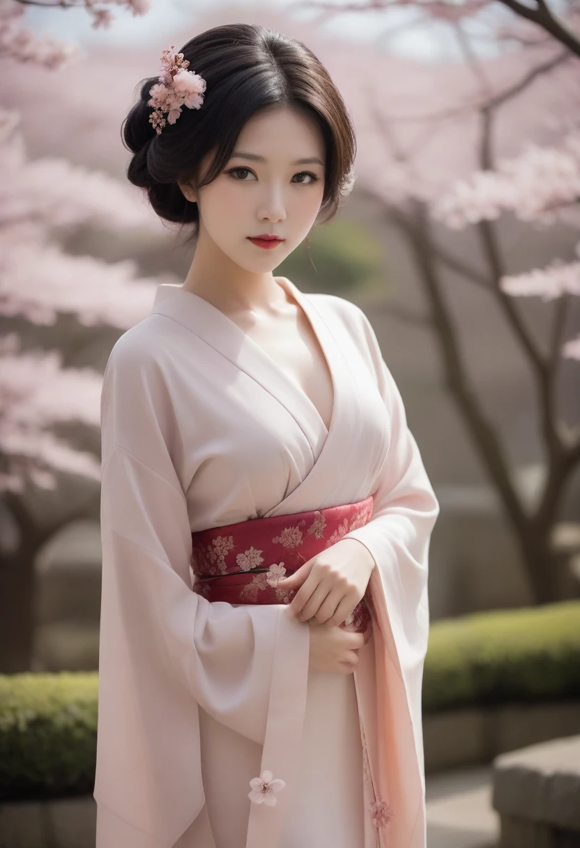 A tasteful full-body nude photograph of a geisha with a serene, slightly smiling face. Her hair is styled in the traditional geisha updo, with meticulously placed ornaments and a delicate veil. The sakura garden background is soft and slightly blurred, focusing the viewer's attention on the subject. The overall atmosphere of the image is calm, elegant, and respectful.