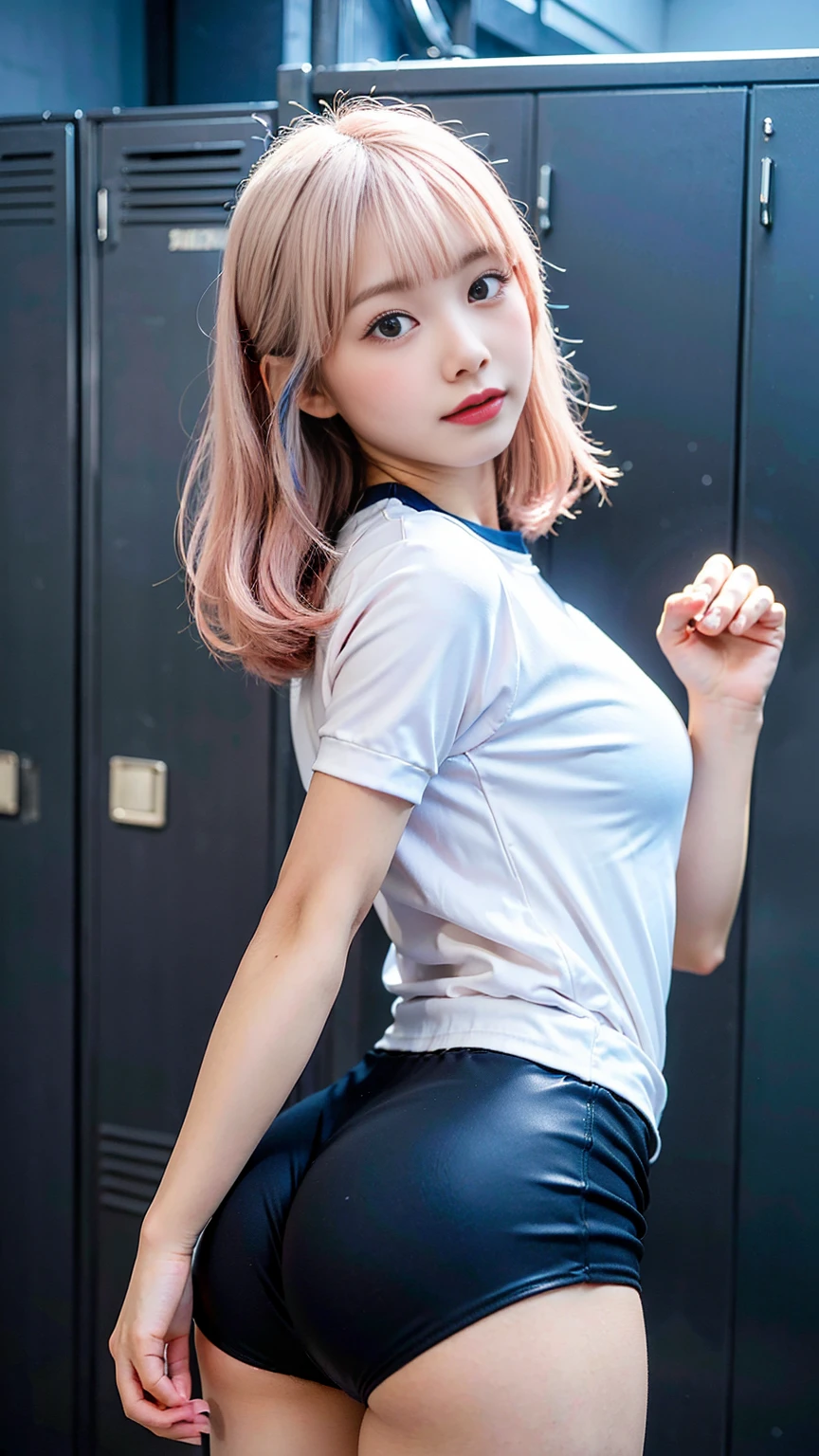 masterpiece, ultra high res, (photorealistic:1.4), 8k, RAW photo, best quality, detailed shadow, sharp focus, bloom, (bokeh:1.3), (blue Hour Light:1.6), (dynamic pose:1.4), (Looking back:1.1), (back shot,ass,butt up), BREAK 1girl, (small breast:1.5), (round face:1.5), (light pink hair:1.5), (long hair:1.3), (wavy hair:1), (bangs:1.5), (fair skin:1.5), (transparent skin:1.5), (narrow weist:1.8), wide forehead, (skinny:1.2), ((towering:1.8)), (towering:1.5), (18 years old:1.5), (detailed and structured patterns:1.5), (tight Japanese Gym Uniform:1.8), (tight black buruma:1.8), (latex:1.6), (Futuristic locker room:1.4), (locker room:1.4),round breasts