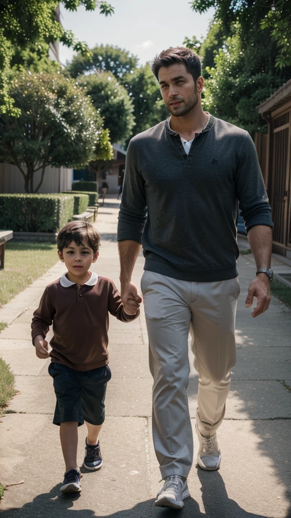 A handsome 30 year old man is walking with a handsome 3 year old boy, professional photo, clear photo, real photo, full HD, 4k