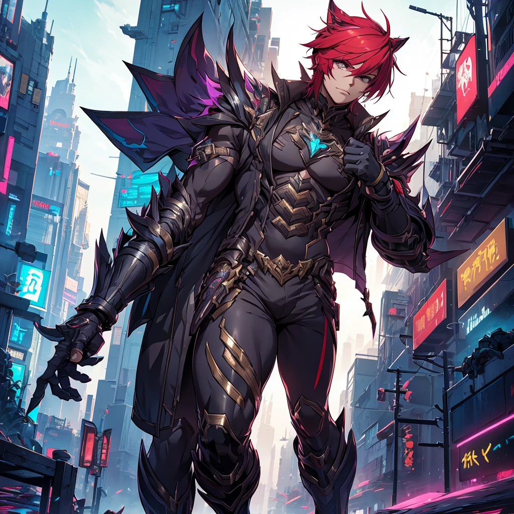 male character. he has an armor-like outfit. cyberpunk style. character looks like Sett from League of Legends