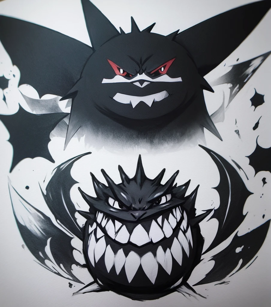 Gengar Pokemon ink painting black and white powerful