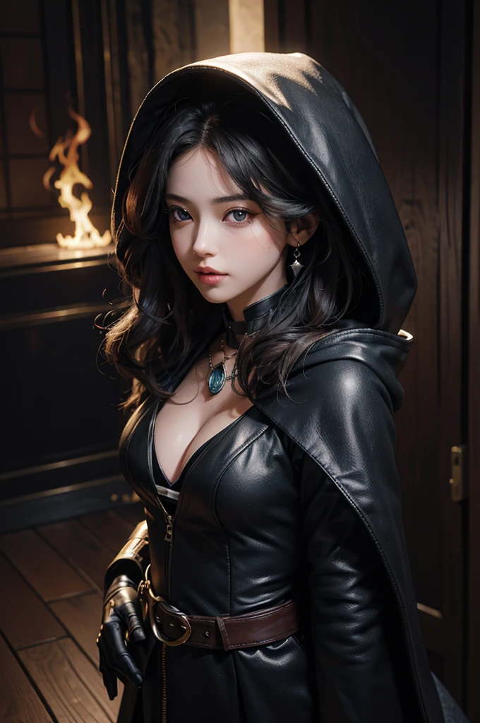 RAW photo, photorealistic, beautiful woman, standing, full body shot, perfect symmetric eyes, soft lush curly warm hair, cleavage, evil look, mask, hood, glowing, fire, gauntlets, cloak, hood up, detailed clothes features, choker, earrings, belt, bracelet, background dungeon of the old castle, shot with a Canon EF 100mm f/2.8L Macro IS USM Lens, hdr, dslr, 16k