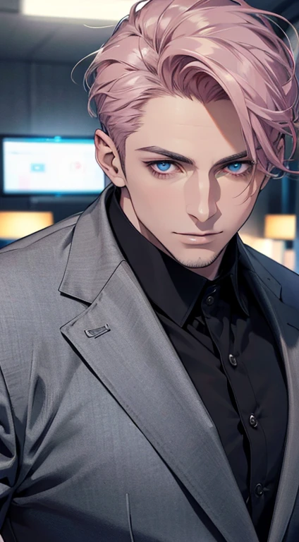 (best quality,4k,8k,highres,masterpiece:1.2),ultra-detailed,(realistic,photorealistic,photo-realistic:1.37),1 man,31 years old,mature man,very handsome,without expression,smile,short grey pink hair,blue eyes,penetrating gaze,perfect face without errors,imposing posture,businessman,office background,cinematic lighting,hdr image