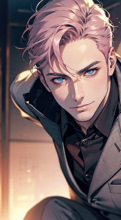(best quality,4k,8k,highres,masterpiece:1.2),ultra-detailed,(realistic,photorealistic,photo-realistic:1.37),1 man,31 years old,mature man,very handsome,without expression,smile,short grey pink hair,blue eyes,penetrating gaze,perfect face without errors,imposing posture,businessman,office background,cinematic lighting,hdr image