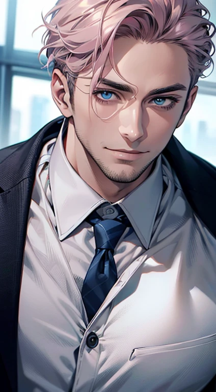 (best quality,4k,8k,highres,masterpiece:1.2),ultra-detailed,(realistic,photorealistic,photo-realistic:1.37),1 man,31 years old,mature man,very handsome,without expression,smile,short grey pink hair,blue eyes,penetrating gaze,perfect face without errors,imposing posture,businessman,office background,cinematic lighting,hdr image