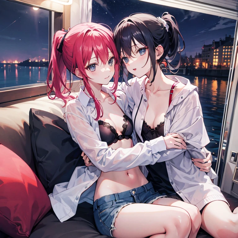 Ponytail sisters，Open-chested clothing，houseboat，Unbuttoned，They are hugging each other，Midnight