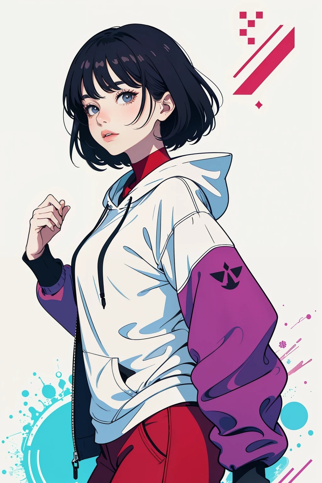 Create a vector design for a t-shirt featuring a stylish girl wearing a hoodie. The design should highlight her in a dynamic pose, capturing a sense of confidence and modern street style. The hoodie should have intricate patterns and a logo design on the front. Use a color palette of pastel pinks, purples, and whites, with subtle gradients to add depth. The overall style should blend elements of anime and minimalist digital art, with clean lines and a sleek finish. Include background elements like abstract shapes and geometric patterns to enhance the visual appeal.