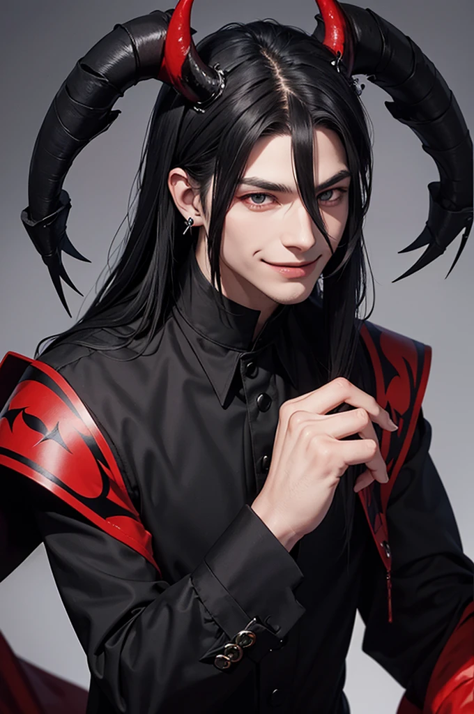 handsome man, mid-length black hair, mullet cut. horns on head, demon, black schoolboy-style clothing, black eyes, red liquid, blood, smile, smirk, cross earring, piercing.