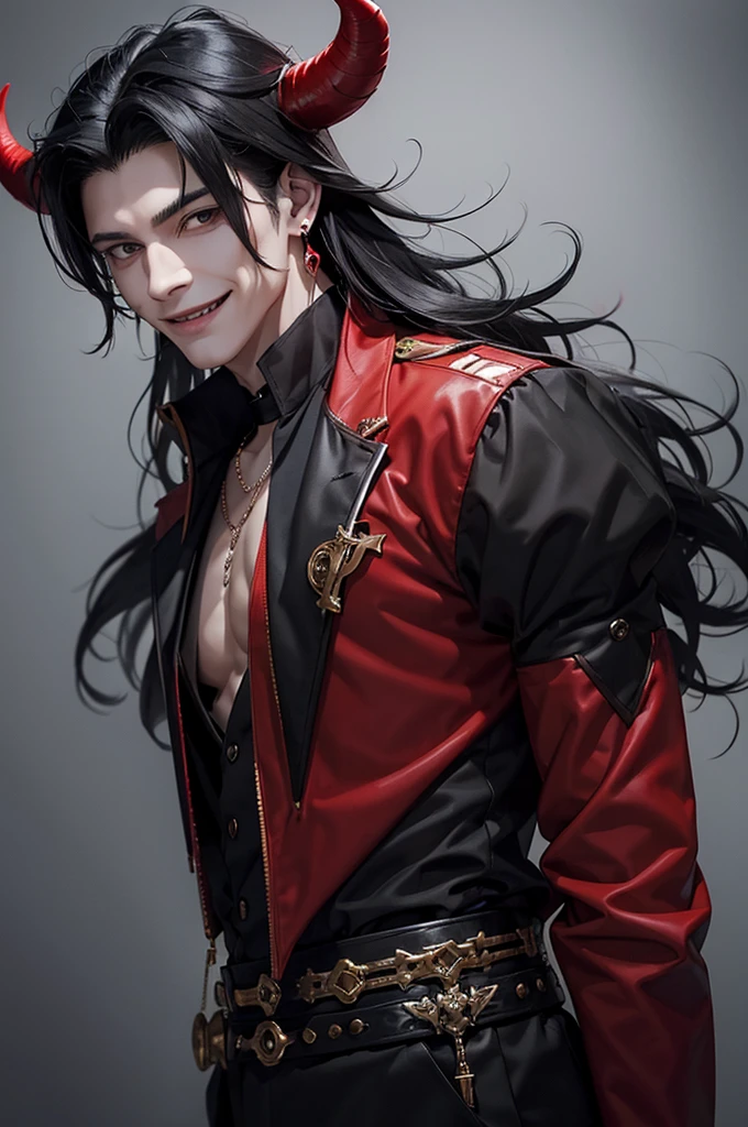 handsome man, mid-length black hair, mullet cut. horns on head, demon, black schoolboy-style clothing, black eyes, red liquid, blood, smile, smirk, cross earring, piercing.