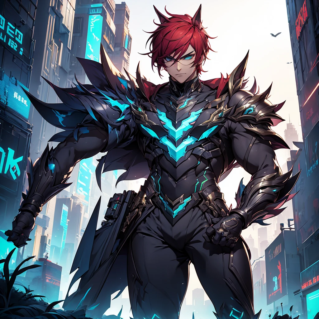 male character. he has an armor-like outfit. cyberpunk style. character looks like Sett from League of Legends