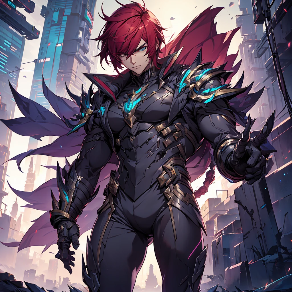 male character. he has an armor-like outfit. cyberpunk style. character looks like Sett from League of Legends