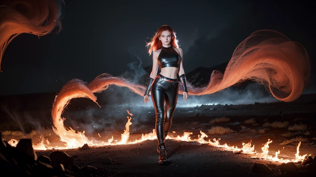Nova with her red hair is surrounded by swirling smoke and flickering flames, standing strong and unyielding. The ground around her is cracked, and embers float in the air, creating a dynamic, intense atmosphere.
Outfit: Black crop top with metallic silver designs, high-waisted black pants, and silver arm cuffs.
Lighting: Low, warm lighting from the flames, with smoke adding depth and texture to the scene.
Pose: She stands with her legs apart, arms slightly out, as if absorbing the power from the flames around her. Her expression is fierce and determined.
Colors: Dark gray for the smoke, bright orange and red for the flames, and metallic silver accents on her outfit.