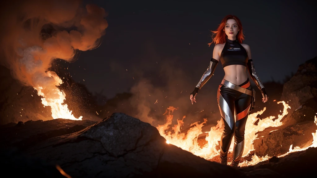 Nova with her red hair is surrounded by swirling smoke and flickering flames, standing strong and unyielding. The ground around her is cracked, and embers float in the air, creating a dynamic, intense atmosphere.
Outfit: Black crop top with metallic silver designs, high-waisted black pants, and silver arm cuffs.
Lighting: Low, warm lighting from the flames, with smoke adding depth and texture to the scene.
Pose: She stands with her legs apart, arms slightly out, as if absorbing the power from the flames around her. Her expression is fierce and determined.
Colors: Dark gray for the smoke, bright orange and red for the flames, and metallic silver accents on her outfit.