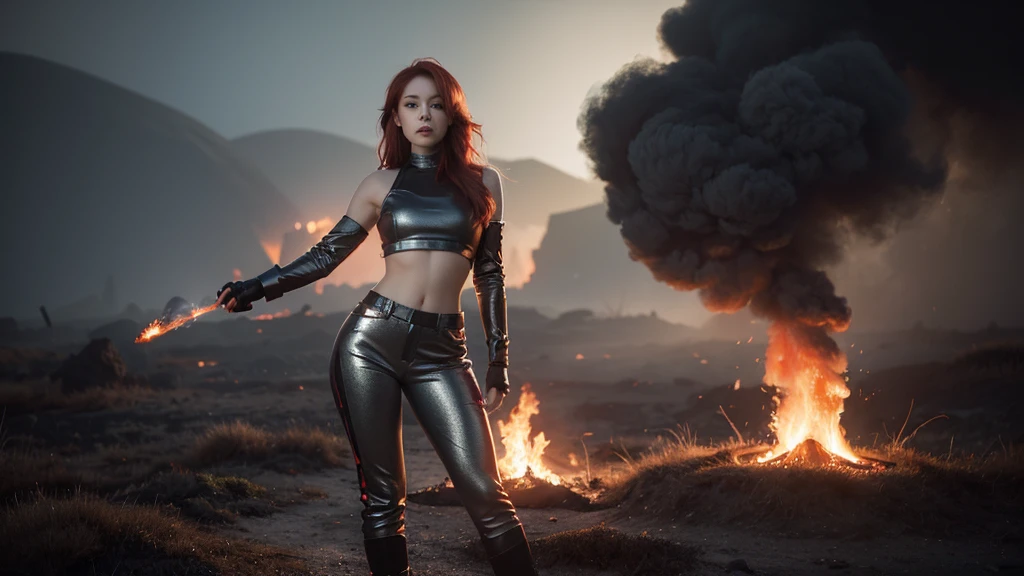 Nova with her red hair is surrounded by swirling smoke and flickering flames, standing strong and unyielding. The ground around her is cracked, and embers float in the air, creating a dynamic, intense atmosphere.
Outfit: Black crop top with metallic silver designs, high-waisted black pants, and silver arm cuffs.
Lighting: Low, warm lighting from the flames, with smoke adding depth and texture to the scene.
Pose: She stands with her legs apart, arms slightly out, as if absorbing the power from the flames around her. Her expression is fierce and determined.
Colors: Dark gray for the smoke, bright orange and red for the flames, and metallic silver accents on her outfit.