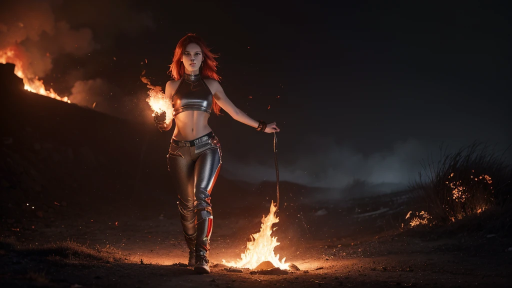 Nova with her red hair is surrounded by swirling smoke and flickering flames, standing strong and unyielding. The ground around her is cracked, and embers float in the air, creating a dynamic, intense atmosphere.
Outfit: Black crop top with metallic silver designs, high-waisted black pants, and silver arm cuffs.
Lighting: Low, warm lighting from the flames, with smoke adding depth and texture to the scene.
Pose: She stands with her legs apart, arms slightly out, as if absorbing the power from the flames around her. Her expression is fierce and determined.
Colors: Dark gray for the smoke, bright orange and red for the flames, and metallic silver accents on her outfit.
