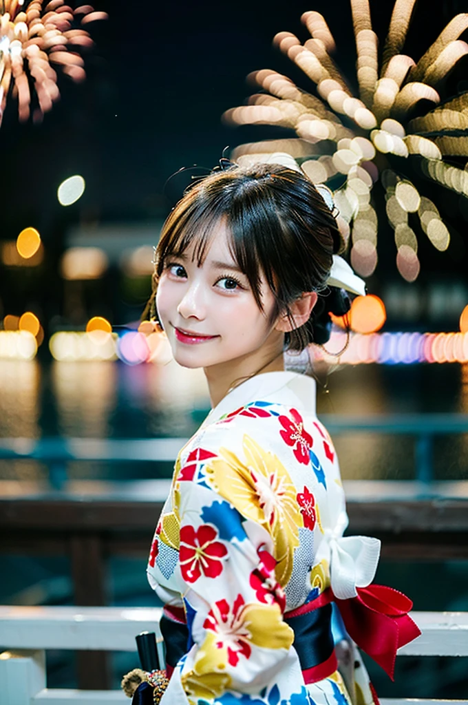 ((Highest quality, 8K, masterpiece: 1.3)),RAW Photos,Realistic atmosphere,Lens flare, Ray Tracing,(Detailed beautiful white skin:1.3),Beautiful Japanese,22 years old, Detailed face,Bun Hair,A gorgeous hairstyle with red and gold hair accessories,(Watching the fireworks wearing a floral yukata:1.2),(White yukata with sleeves:1.2),((Ribbon-type obi:1.3)),((Looking back with an innocent smile:1.3)),Raise your hand and rejoice,Blurred grand fireworks,(Many colorful fireworks:1.2)Star Mine,Fireworks across the sky,Large fireworks,Huge fireworks