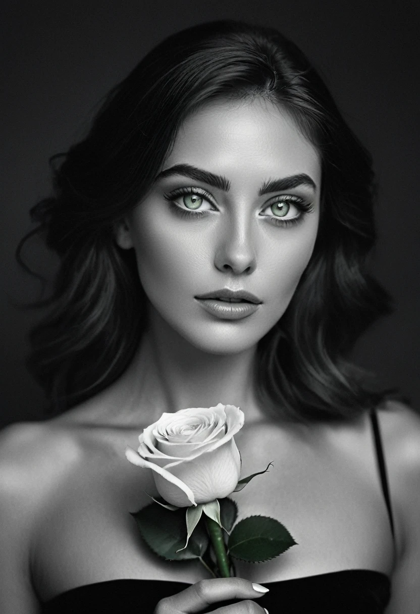 black and white, a woman with  green eyes, flawless skin, half body shot, holding a rose, whimsical photography style, captured with an Arriflex 35BL camera using Canon K25 prime lenses, cinematic, dramatic lighting, ultra clear, breathtaking surreal masterpiece.