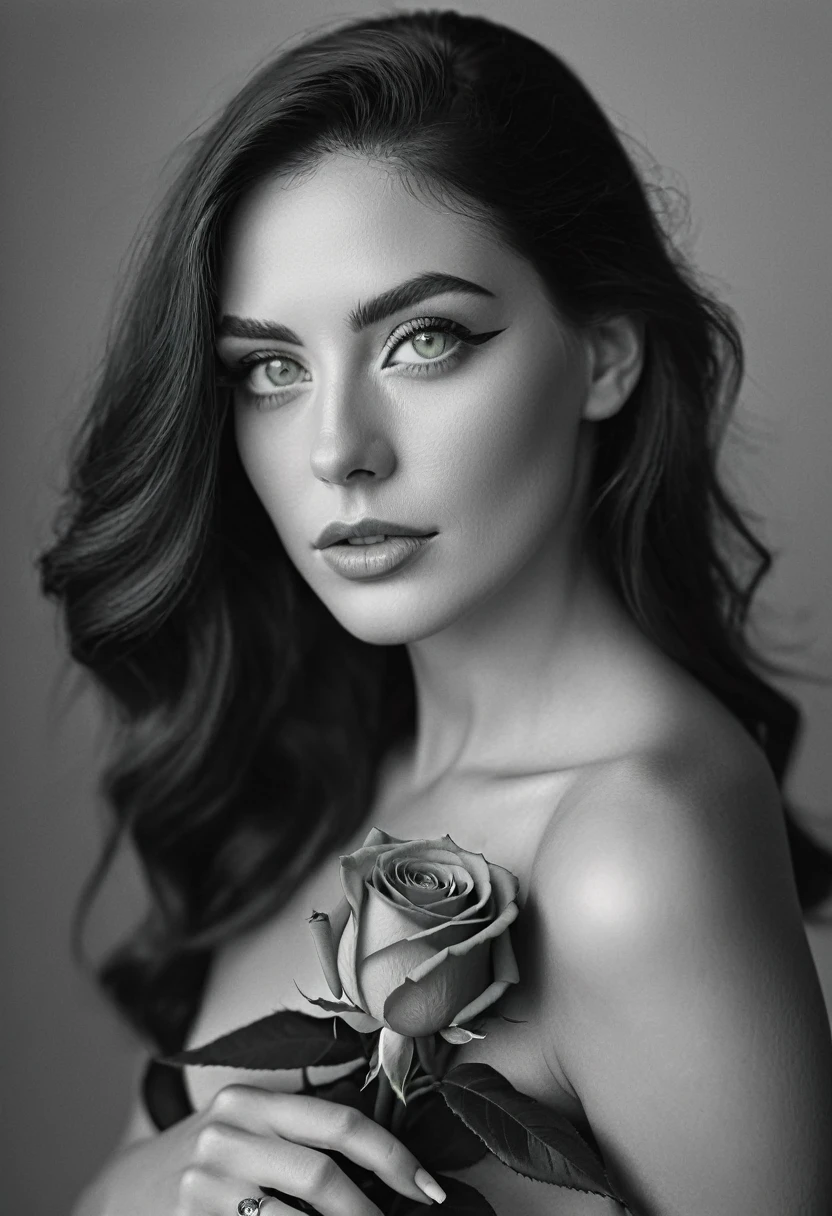 black and white, a woman with green eyes, flawless skin, half body shot, holding a rose, whimsical photography style, captured with an Arriflex 35BL camera using Canon K25 prime lenses, cinematic, dramatic lighting, ultra clear, breathtaking surreal masterpiece.