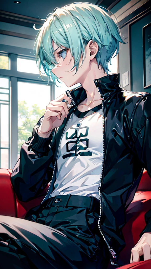 profile background, anime boy, serious face, blond hair, cyan eyes, gym body, detailed eyes and face, white shirt with a kanji in the middle, sitting on the sofa, in the living room, high-res portrait, character, fantasy, 4K, high resolution