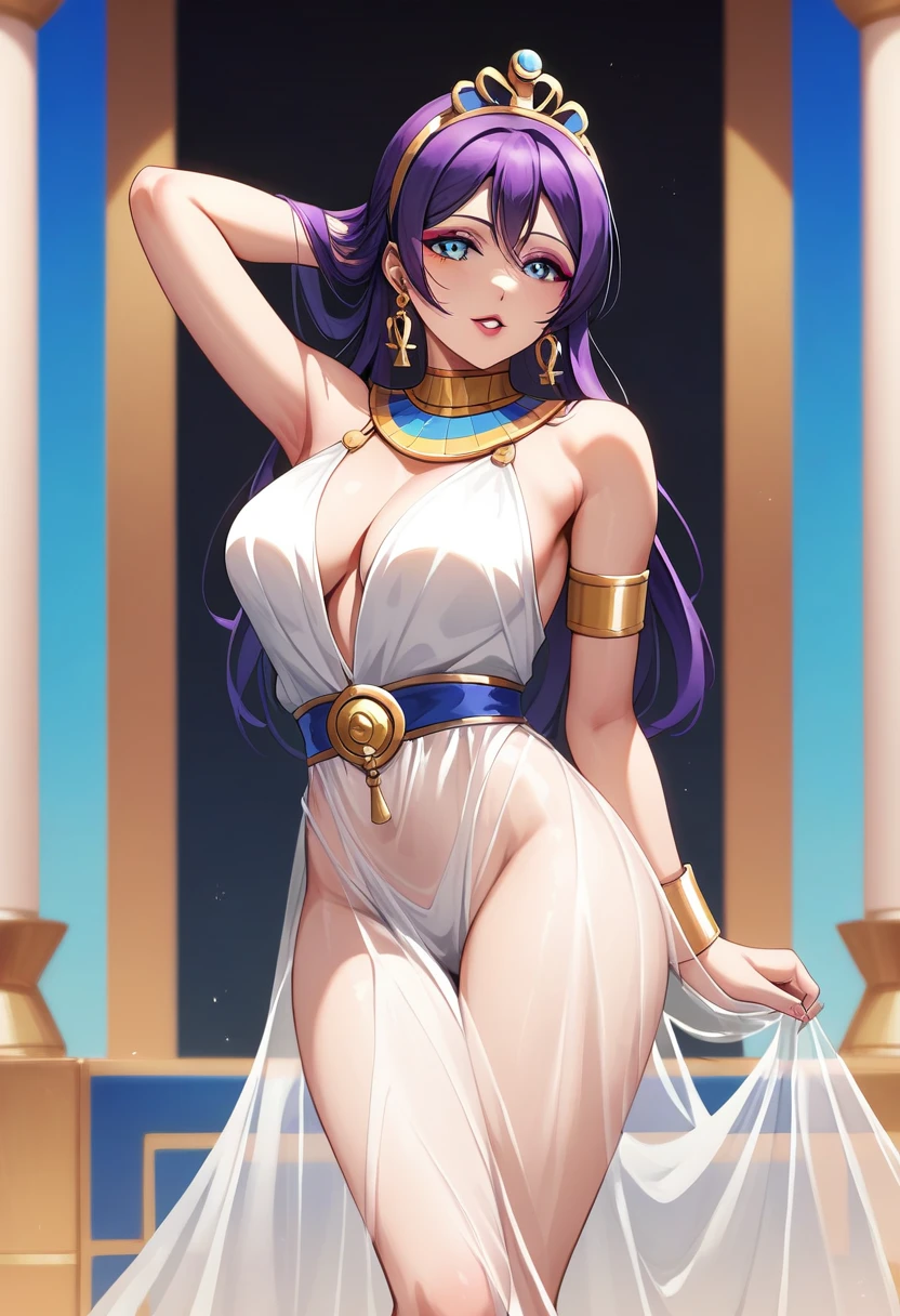 Masterpiece, beautiful , facial details, 8k wallpaper, Love Live, long hair, purple hair, white see through dress, Egypt queen,tiara,in Egypt ,(lipstick:0.8), (makeup:0.8),Fascinated by her beauty, dancing ,one arm up behind head another arm behind back 