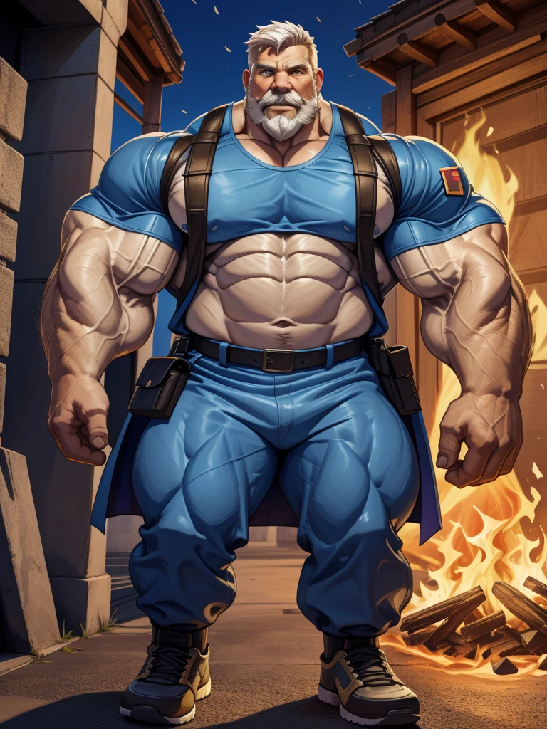 solo, 1boy, perfect anatomy, ground view, wrinkles skin, low shoot, down view, perfect proportional, thick body, thick thighs, big eyes, smile, perfect fingers, big hand, fingers. Huge Muscular Old man with short hair, wearing soldier uniform, shoes ,(soldier uniform, soldier 🪖), view from side, pectoral, thick arms, huge pectoral, wide pectoral, white hair, white beards, fire background, VFX fire, masterpiece, semirealistic:1.2, high detailed, 8k, high resolution, perfect center, full view. ((really big muscle, massive muscular, sixpack, thick arms, wide pectoral, super huge muscle, hyper muscular, over sized muscle, huge arms, big arms, huge pectoral))