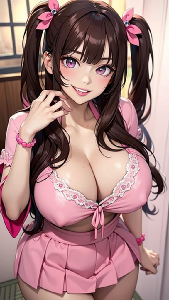 Big Lips, Brown Hair, Pink Eyes, The Face of Japan, Improve, Both sides up, hugeな胸, Wide Hips, sexy, Pink Theme, cute, detailed, Pink Room, Decora, bangs, Grin, Improve outfit, cute, Pleated skirt, Cleavage, hugeなおっぱい, huge , Dynamic pose, Dynamic Angle, evil Grin, Leopard