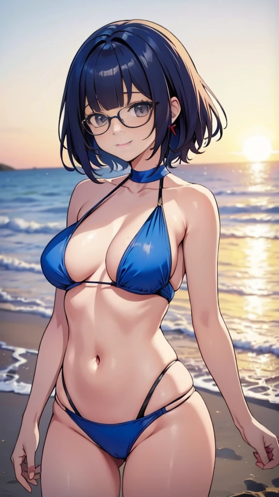 (erotic_anime_image), ((High_Quality)), ((Highly_Detailed)), ((Master_Handle)), ((Beautiful)), 1girl alone.(Pokemon_Penny) (smiling_coquettishly), (sexy_pose), (gray_eyes), (glasses ), (large_breasts), (skinny_tailoring), (red_and_light_blue_hair), (She wears_short_hair_with_fringe_the_part_of_the_fringe_is_red_color_about_a_quarter_on_the_right_side_is_also_red_and_the_rest_of_her_hair_is_blue), (swimsuit), (beach) _on_the_shore_of_the_sea_with_a_sunset)