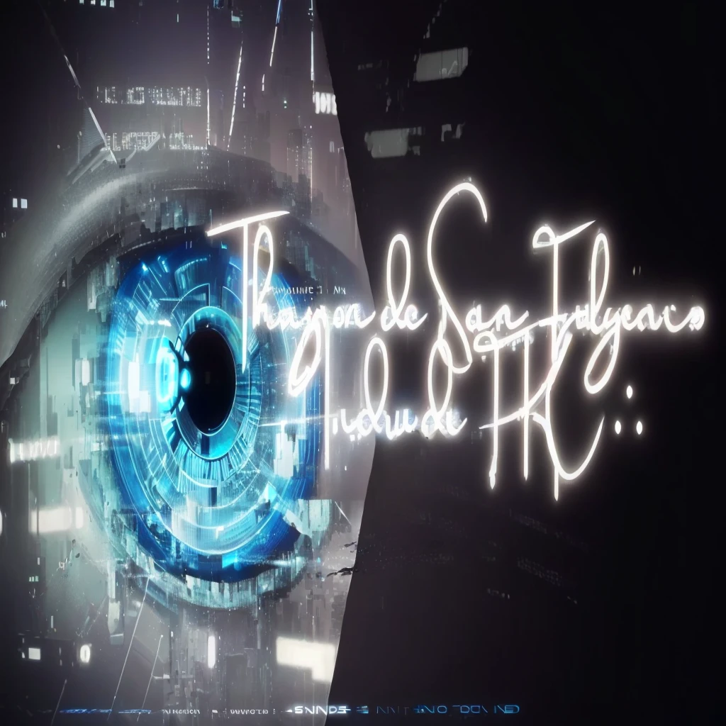 there is a blue eye with a text that reads the same say filacia, intricate transhuman, blade runner tech, android eyes, cyberpunk transhumanist, thomas kinade, transhuman, ray trace 4 k, ray trace 4k, beaten tech. neo noir style, refik anadol, blade runner eyes, hyper-realistic cyberpunk style