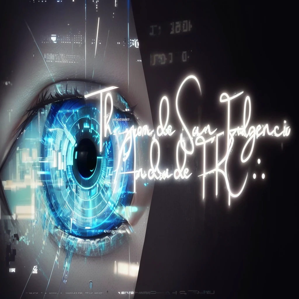 there is a blue eye with a text that reads the same say filacia, intricate transhuman, blade runner tech, android eyes, cyberpunk transhumanist, thomas kinade, transhuman, ray trace 4 k, ray trace 4k, beaten tech. neo noir style, refik anadol, blade runner eyes, hyper-realistic cyberpunk style