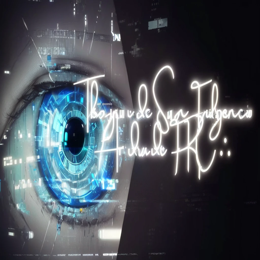 there is a blue eye with a text that reads the same say filacia, intricate transhuman, blade runner tech, android eyes, cyberpunk transhumanist, thomas kinade, transhuman, ray trace 4 k, ray trace 4k, beaten tech. neo noir style, refik anadol, blade runner eyes, hyper-realistic cyberpunk style
