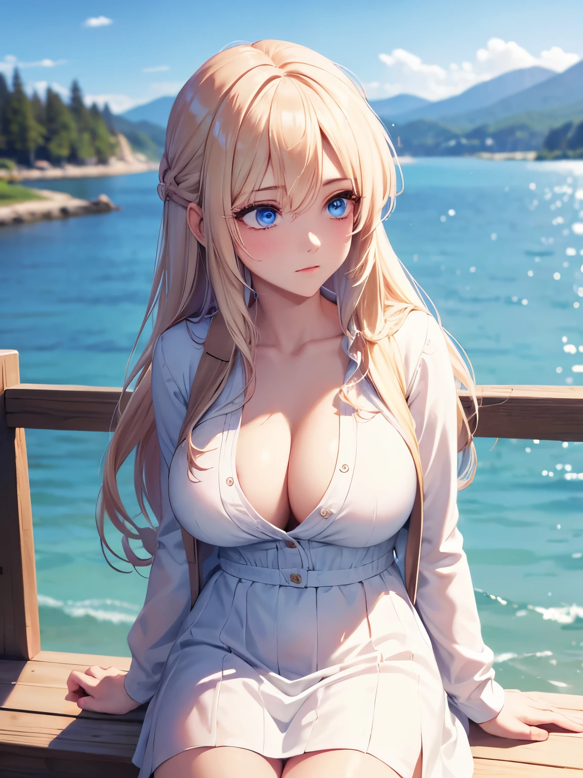 1woman,Sit on a boat,on the lake, looking away,blue eyes,Beautiful makeup, long eyelashes,early in the morning,stunning,half body photo, very detailed face,cute,,HD face, perfect face,Short white dress, pink cardigan,very big breasts,Blonde hair,blonde hair,bangs,long hair, straight hair,ultra detail,ultra Hd, masterpiece,4k