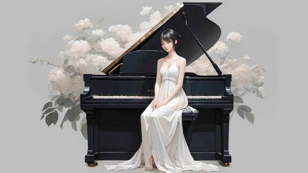 xxmixgirl,,Jing-Hao Zhang style, dark gray and light black, 8K resolution, Miho Hirano, character caricature, Albert Edelfeldt, playing the piano
