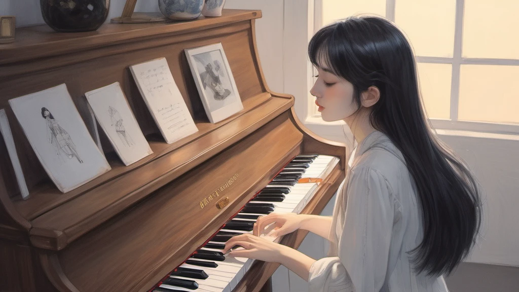 xxmixgirl,,Jing-Hao Zhang style, dark gray and light black, 8K resolution, Miho Hirano, character caricature, Albert Edelfeldt, playing the piano