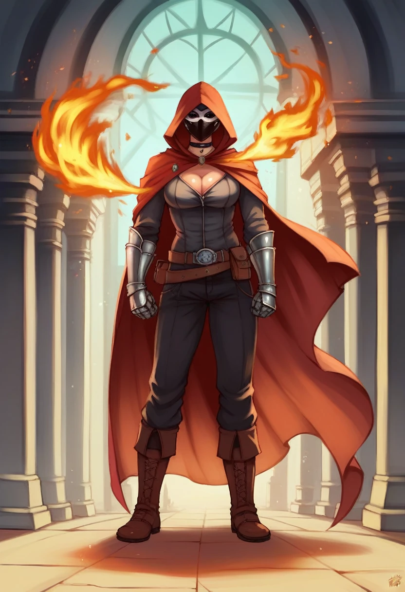 RAW photo, photorealistic, beautiful woman, standing, full body shot, perfect symmetric eyes, soft lush curly warm hair, cleavage, evil look, mask, hood, glowing, fire, gauntlets, cloak, hood up, detailed clothes features, choker, earrings, belt, bracelet, background dungeon of the old castle, shot with a Canon EF 100mm f/2.8L Macro IS USM Lens, hdr, dslr, 16k
