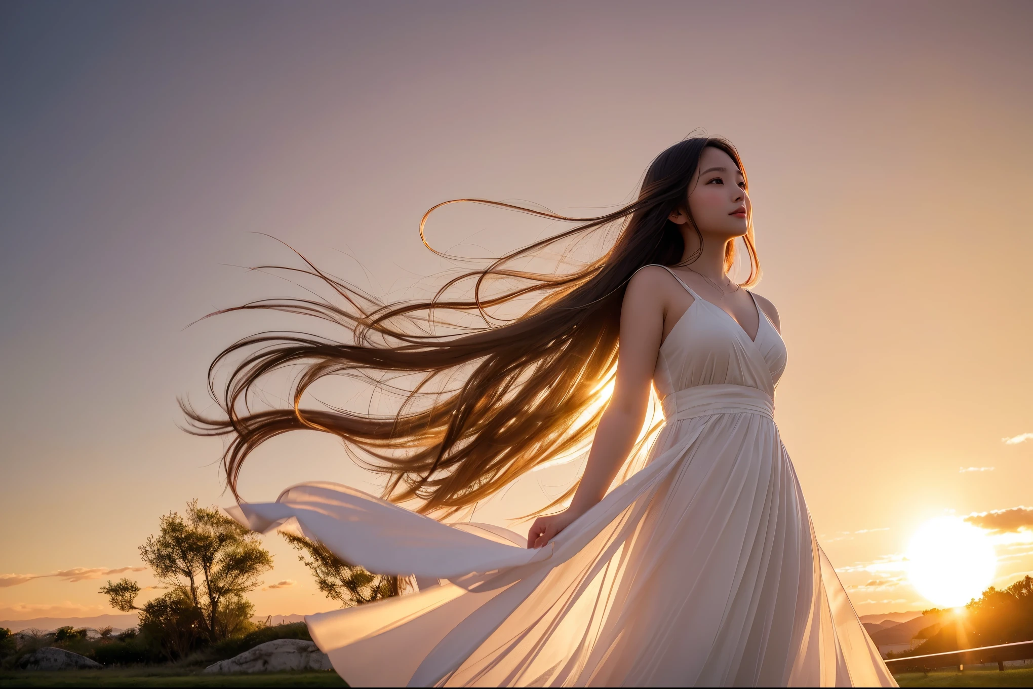 A captivating cinematic photograph of a radiant young japan woman standing amidst an enchanting environment filled with hearts of various sizes and colors. She is dressed in a flowing white dress, with her hair gently blowing in the breeze. The hearts appear to cascade from the sky, cover the ground, and even wrap around the woman's body, creating a sense of love and warmth. The background features a dreamy, golden sunset, and the overall atmosphere evokes feelings of happiness and joy.