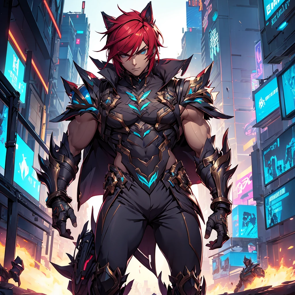 male character. he has an armor-like outfit. cyberpunk style. character looks like Sett from League of Legends