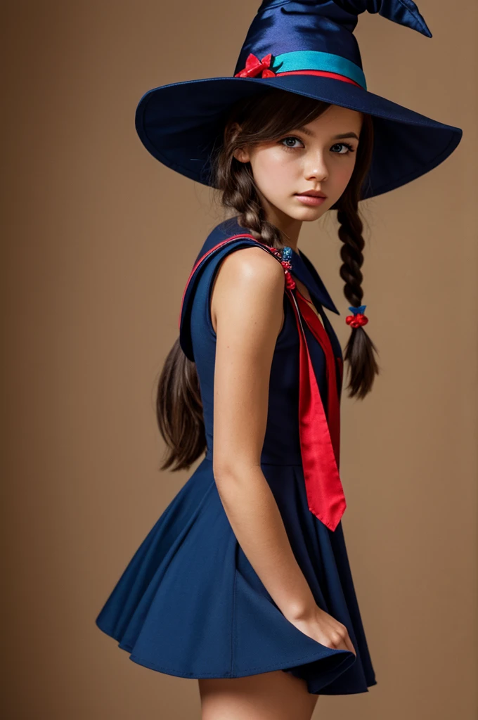 (masterpiece, high quality, high resolution:1),1 Girl,Solitary,Countryman,Witch Hat,Hat bow,Blue Dress,Blue Hat,Double Braid,Long hair,handkerchief,anchor,Hat ornaments,,Sailor collar,Multicolored ribbons,Put your hands behind your back,Brown eyes,