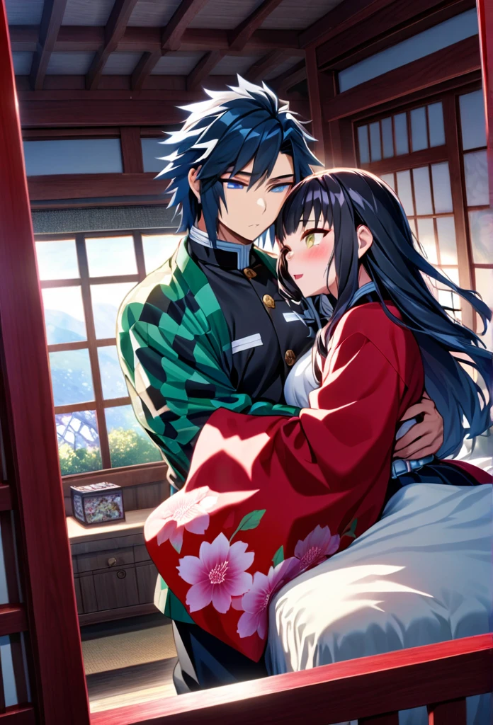 Ultra detailed, highres, absurdres, HDR, master piece, anime girl and boy, pretty woman with white long hair with deep red streaks, girl with yellow eyes, the girl is using a red haori, black demon slayer uniform, Kimetsu No Yaiba, fantasy, the pretty girl is sad and crying, Tomioka Giyu is hurt in bed, Water Hashira, Tomioka is in coma, romance, inside a japones house, best quality, extremely detailed face, love, passion, romance, anime